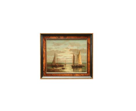 Abraham Hulk Jnr (1851-1922) pair of oils on canvas - Fishing Boats on the Shore, signed, 25.5cm x 31cm, in ebonised and burr