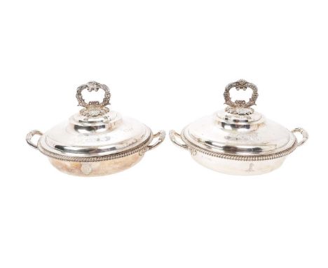 Fine pair of Royal, Paul Storr, silver circular entree dishes made for H.M King George IV, with gadrooned borders and twin lo