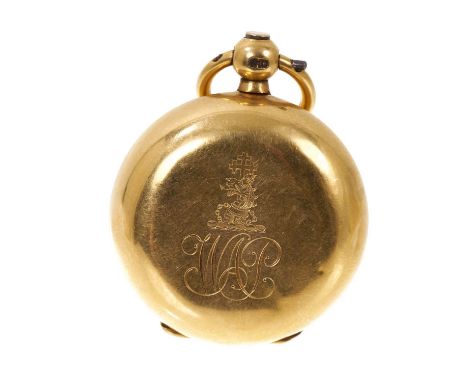 Victorian 18ct gold sovereign holder, with engraved Pemberton crest and monogram, dated 25th December 1898, all at 21.4gLight