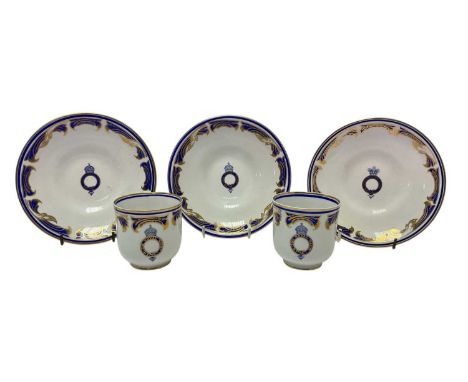 Pair Edwardian Copeland Royal yacht teacups and three saucers decorated with crowned 'The Royal Yacht' in garter scroll cyphe