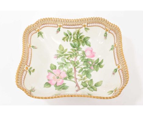 A Royal Copenhagen Flora botanical square dish painted with a rose, inscribed and stamped marks, 21.5cm acrossIn good conditi