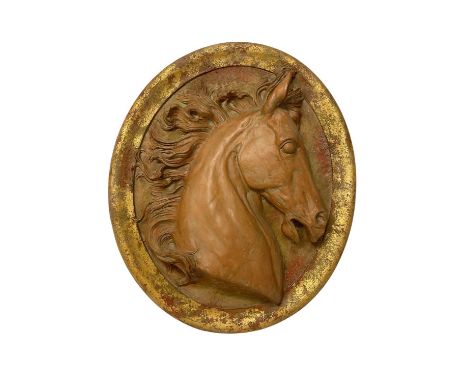A large Italian terracotta oval relief plaque of a horse, signed Paolo Marioni, approx 88cm high
