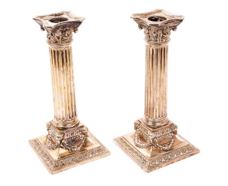 Pair of silver late Victorian silver Corinthian column candlesticks on square pedestal bases, separate sconces (Sheffield 189