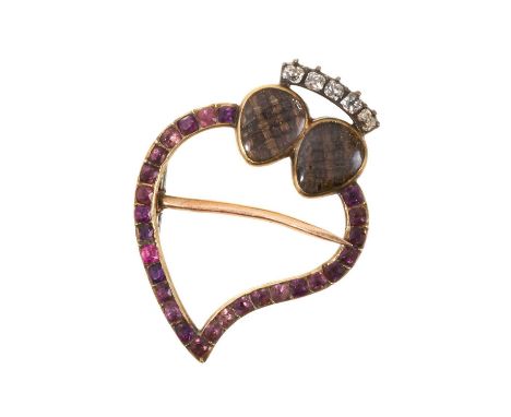George III diamond and amethyst 'witch's heart' brooch with a two finely woven hairwork glazed compartments in a twin heart d