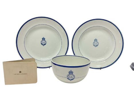 H.M. Yacht 'Alexandra' blue banded breakfast bowl with printed crowned H.M. Yacht 'Alexandra' cypher and two matching dinner 