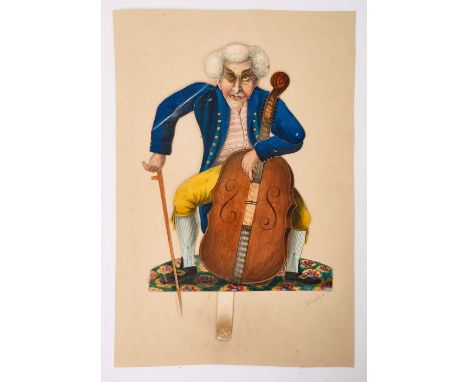 Thomas Remnant Charleton (1756-1849) watercolour - A seated cellist, with tab producing articulated action, inscribed to Moun