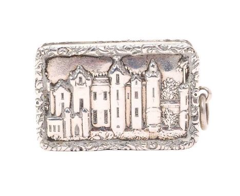 Early Victorian silver castle top vinaigrette, with engine turned decoration and hinged cover, depicting Abbotsford House, op
