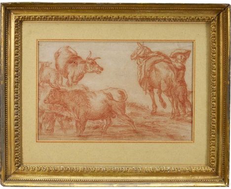 Attributed to Cornelis Pietersz Bega (c.1620-1664) red chalk sketch of cattle and a donkey, 17cm x 27cm, in glazed gilt frame