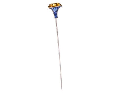 Art Deco Cartier blue sapphire and citrine/topaz stick pin/cravat pin, the stylized nail head terminal with modified calibre 