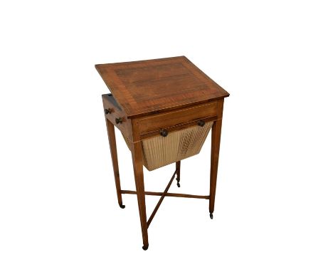 Regency rosewood sewing table with satinwood banding, hinged top and side and work in progress drawers below, on square taper