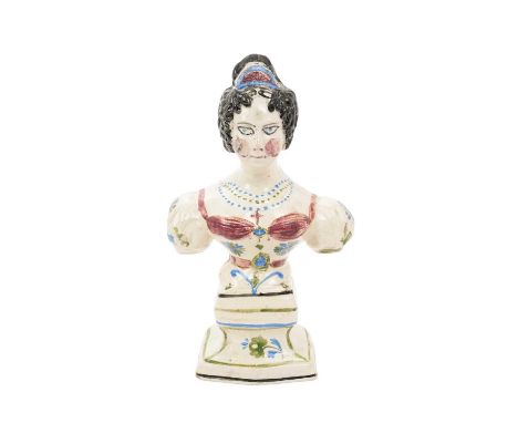 Rare late Georgian pearlware bust of H.M. Queen Adelaide, circa 1835, probably Scottish with painted decoration on moulded so