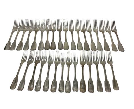 Collection of Georgian and later, silver Fiddle and Thread pattern flatware, including 9 dinner forks, with engraved armorial