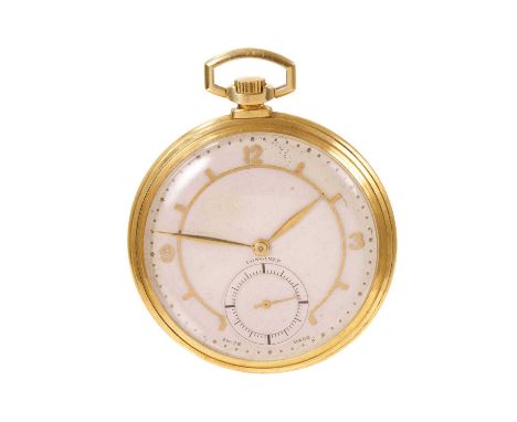 Art Deco Longines 18ct gold pocket watch, the circular silvered dial with applied gold Arabic numeral and baton markers, gold
