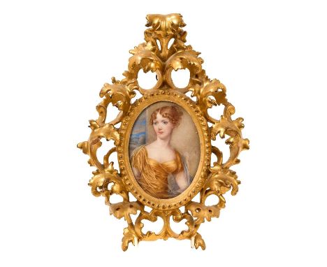 English School, 19th century, fine half length portrait miniature on ivory of a young woman in diaphanous dress, oval, 12 x 9