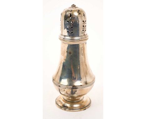 1930s silver sugar caster of baluster form, with slip in pierced cover (finial detached but present), on a circular pedestal 