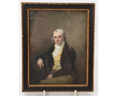 19th century watercolour portrait miniature on paper of a gentleman, circa 1840, half length, in seated pose, apparently unsi