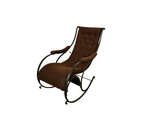 Antique iron frame rocking chair, scrolled form with button upholstery 