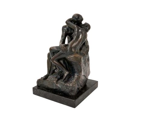 After Auguste Rodin, bronze - The Kiss, Ara-Kunst foundry stamp, on marble plinth, total height 28cm 