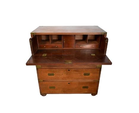 Good 19th century padouk and brass bound small size campaign chest, in two parts, each with flanking carrying handles, with f