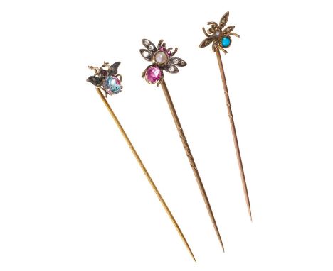 Victorian diamond, pearl and pink gem-set novelty stick pin in the form of a fly, Victorian turquoise and seed pearl fly stic