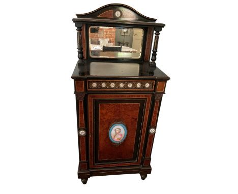 Late 19th / early 20th century ebonised, amboyna inlaid and Sèvres style porcelain plaque mounted pier cabinet, enclosed by p