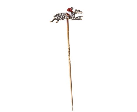 Antique diamond and enamel novelty 'jockey' stick pin with an enamelled jockey riding a pavé set diamond racehorse, in silver