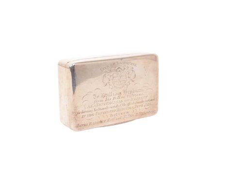 Early Victorian silver snuff box of rectangular form, with engine turned decoration, hinged cover with engraved presentation 
