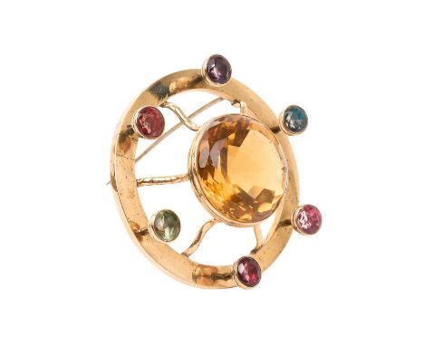 The gift of H.M. Queen Victoria, Victorian yellow metal cairngorm and multi-gem kilt pendant/brooch, the circular brooch with