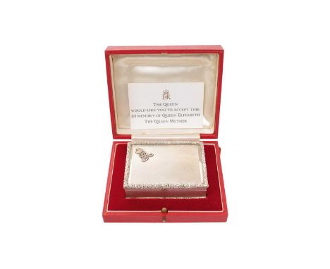H.M. Queen Elizabeth The Queen Mother, fine silver presentation box with crowned ER cypher to corner, cast floral moulded bor