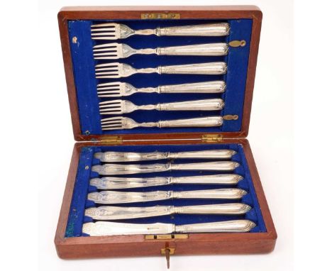 Set of six Victorian silver fish knives and forks, with engraved decoration, in a fitted case (Sheffield 1866) Harrison Broth