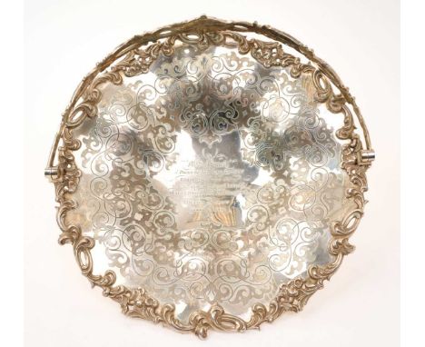 Victorian silver cake basket of circular form, with engraved decoration and presentation inscription, cast foliate border and