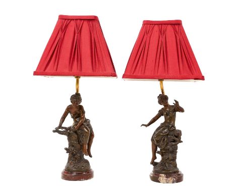 Pair of Continental bronzed figural table lamps, the figures after Moreau, each raised on marble base and with shades, total 