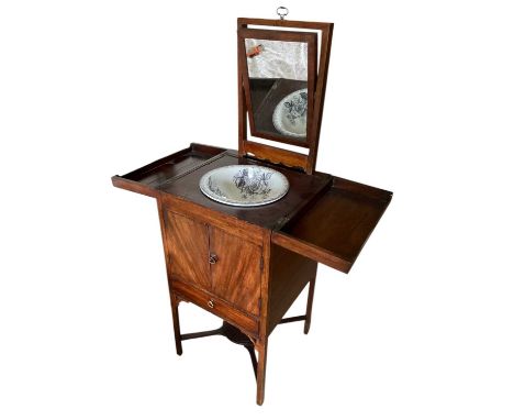 Georgian mahogany wash stand, with rising swing mirror and integral ceramic basin, enclosed by doors with drawer below, 45cm 