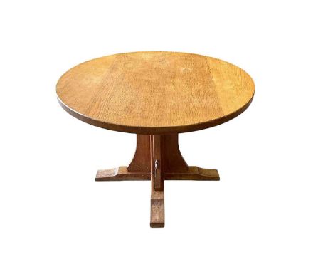 Robert 'Mouseman' Thompson oak breakfast table, with circular adzed top on quatreform pedestal base, 107cm diameter x 74cm hi