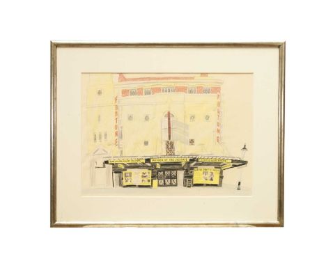 *Glynn Boyd Harte (1948-2003) crayon - Agatha Christie at the Fortune Theatre, signed and dated 1977, 40cm x 57cm, glazed fra