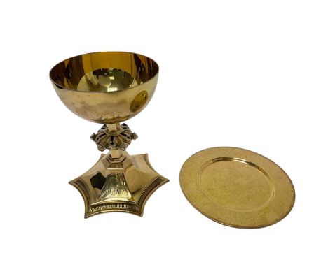 Contemporary silver gilt communion chalice, with pierced knopped stem, on a star shaped hexagonal base, bowl engraved "Nostra
