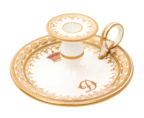 Victorian Grainger &amp; Co Worcester chamber taperstick with finely painted Earls' coronet and initial 'D', with gilt border