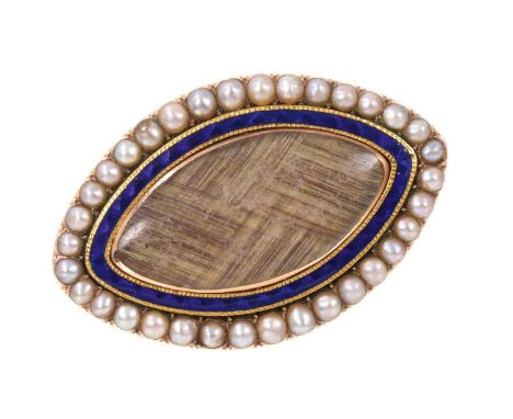 George III gold and enamel mourning brooch, the navette shape plaque with a glazed locket compartment of finely platted hair,