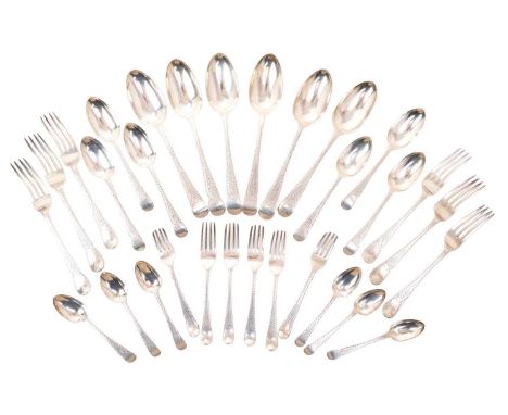 Set of Victorian silver Old English pattern flatware with bright cut decoration, comprising six tablespoons, six dinner forks