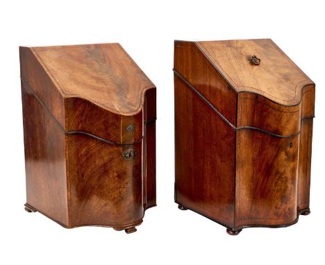 Near pair of Georgian mahogany serpentine knife boxes, each with fitted interior, raised on bracket feet, the tallest 39cm hi