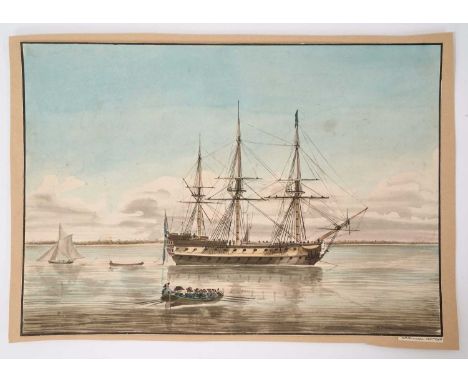Edward Pelham Brenton (1774-1839) watercolour - Ship at anchor, signs and dated 1798, 28 x 39cm. NB: E. P. Brenton was a Roya