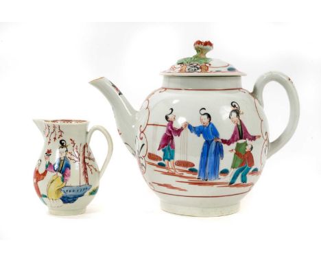 A large Worcester porcelain teapot and cream jug, circa 1775, polychrome painted in the Chinese manner with figural scenes an