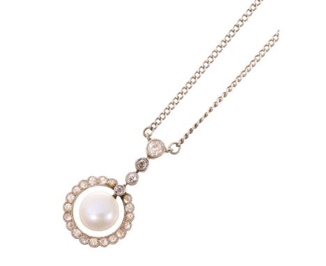 Edwardian diamond and pearl pendant with a 6.8mm button pearl (not tested for natural origin) suspended within an old cut dia