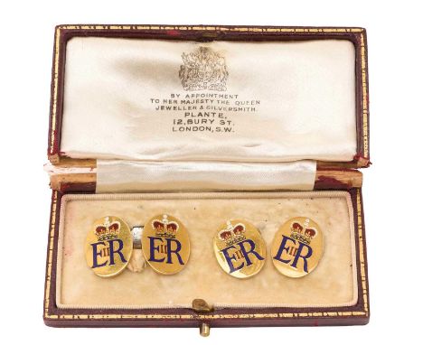 H.M. Queen Elizabeth II, fine pair Presentation 9ct gold and polychrome enamel cufflinks, each oval decorated with crowned ER