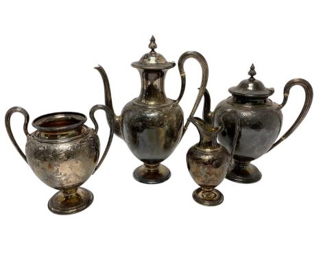 Four piece Victorian silver tea/coffee set, comprising teapot of baluster form, with engraved floral swag decoration, hinged 