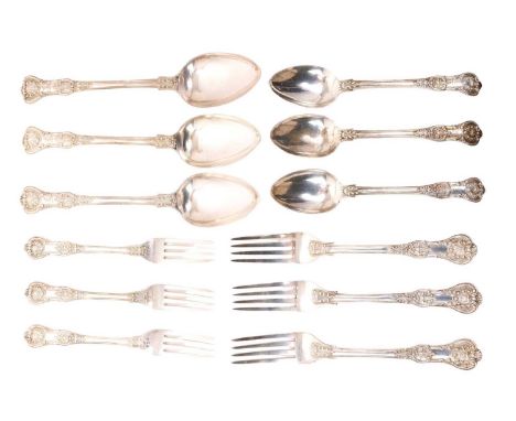 Selection of Victorian silver Queens pattern with anthemion heel flatware and engraved armorial crests, comprising three tabl