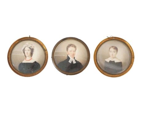 19th century English school miniature portrait on ivory, depicting a gentleman named to card back as 'The Rev. Charles Neat, 