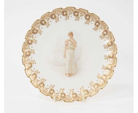 A Copeland China plate, finely painted by Samuel Alcock with a young woman in Roman Dress, circa 1895, 22.5cm diameter