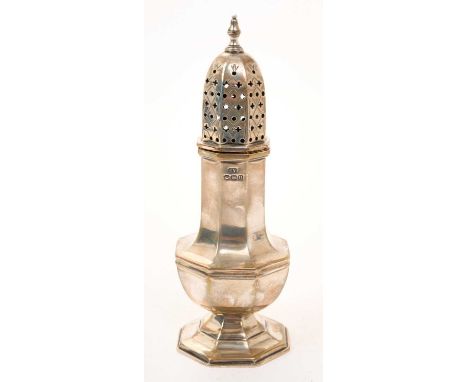 1930s silver sugar caster of octagonal form, with slip in pierced cover, on an octagonal pedestal base (Sheffield 1937) Emile