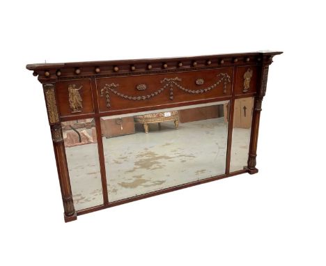 19th century Neoclassical overmantel mirror, with ball applied cornice and figure and swag frieze, three bevelled rectangular